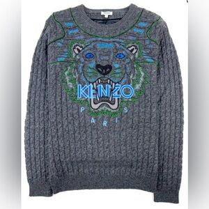 Kenzo Paris Embroidered Logo Tiger Gray Wool Cable Knit Sweater